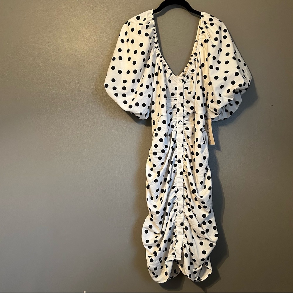 NWT Wishing Waves Sz 2X Polka Dot Black White Puff Sleeve Button Midi Dress!